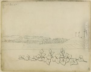 Hugellandschaft mit vier hochstammigen Fichten, darunter Zweig mit Blattern by Caspar David Friedrich