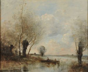 La peche en barque aupres des saules by Jean-Baptiste Camille Corot