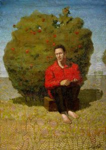 Self-portrait by a bush rose hips