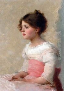 Portrait of a beautiful young girl seated, wearing a white dress with a red sash by Alfred Edward Emslie