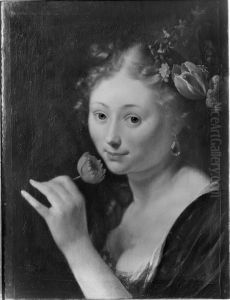 Young woman smelling a flower by Godfried Schalcken