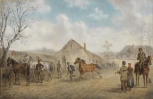 Pferdemarkt am Dorfplatz. by Alfred Friedlander