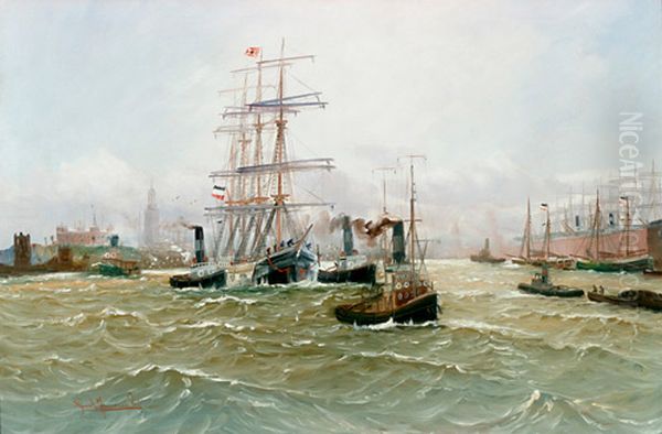 Hamburger Hafen mit Dreimaster und zahlreichen Dampfbooten. - view 1