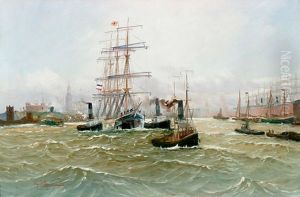 Hamburger Hafen mit Dreimaster und zahlreichen Dampfbooten.