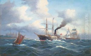 A Danish paddle yacht, probably an Admiralty or similar official vessel, passing through The Sound off Kronborg Castle.