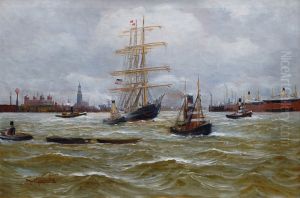 Dreimaster und Schlepper im Hamburger Hafen by Alfred Jensen