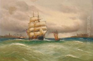 Marine mit Segelbooten, im Hintergrund Stadtsilhouette. by Alfred Jensen