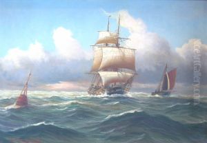 Sailing ships at sea. by Alfred Jensen