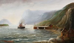 View from a Norwegian fiord, with a ship arriving at a small settlement. by Alfred Jensen