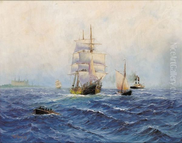 Sailing ships and a steam ferry in the Sound off Kronborg. - view 1