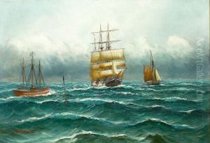 A threemasted ship near the lightship at Lappegrunden (entrance to the Sound at Elsinore, Denmark).
