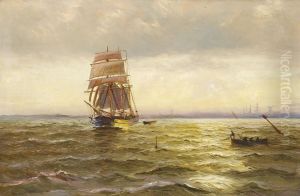 Threemasted ship off the shore at dusk. by Alfred Jensen