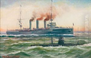 Kriegsschiff und U-Boot auf See by Alfred Jensen