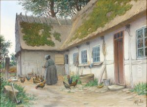 Farmyard scene with a woman feeding hens. by Alfred Larsen
