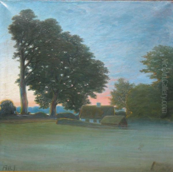 Sunset over landscape with farmhouse. - view 1