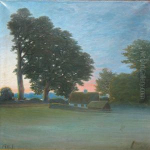 Sunset over landscape with farmhouse. by Alfred Larsen