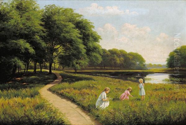 Landscape with three girls picking flowers. - view 1