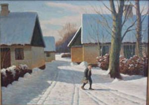 A boy walks in the snow among yellow houses. by Alfred Larsen (1886-1942)