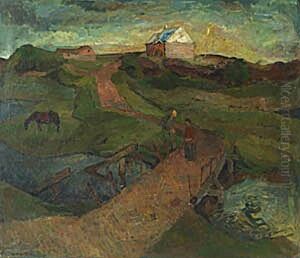 Evening view of Norre Virum bridge and church. by Alfred Martens