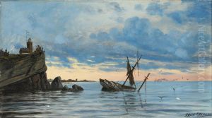 Et grundstodt skib ud for et fyrtarn pa en klippekyst by Alfred Olsen