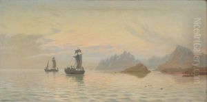 Sailing ships off a coast. by Alfred Olsen