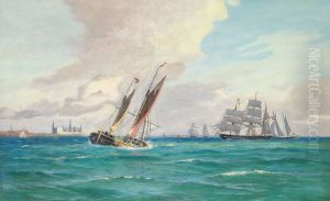 Sailing ships off Elsinore, Denmark. by Alfred Olsen