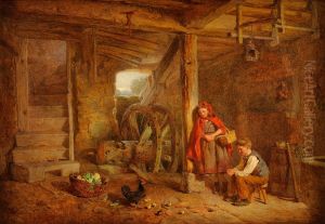 Children with chicken and chicks in the oldmill.