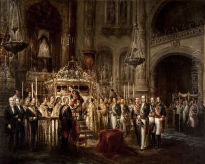 Alfonso XII contemplando en la Capilla real el cuerpo incorrupto de San Fernando