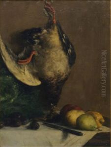 Still life with two mallards, pears, fruit and a knife on a ledge