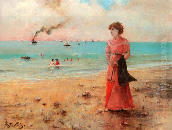 Young Woman with red umbrella at the Beach - view 1