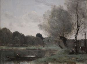 Souvenir de Ville-d'Avray. Saules et bouleau au bord de l'etang by Jean-Baptiste Camille Corot