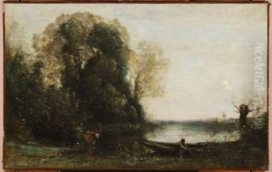 Le pecheur en barque a la rive by Jean-Baptiste Camille Corot