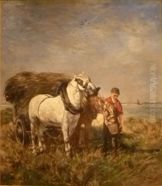 Two horses with haywagon - view 1