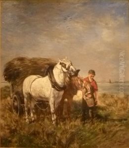 Two horses with haywagon by Alfred Verwee