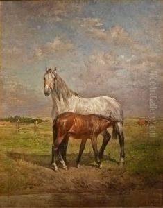 Mare with foal by Alfred Verwee