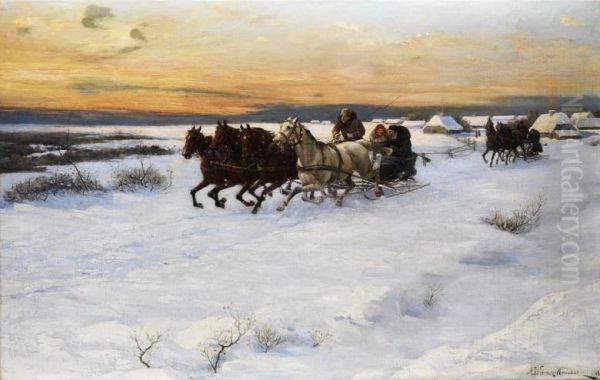 Horse sleigh in winter landscape - view 1