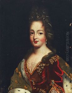 Noblewoman with upswept hair with pearls wearing a gold embroidered red velvet dress and ermine trimmed cloak