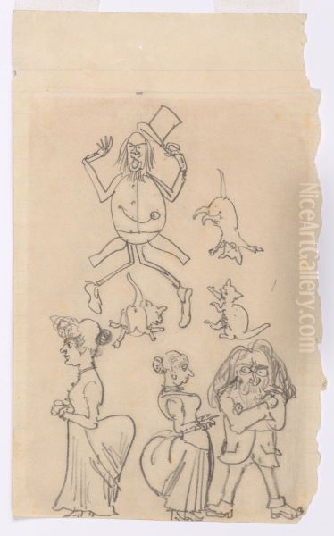 Caricature - A man tilting his top hat, jumping over a cat; humorous sketches of two cats; two women and a man - view 1