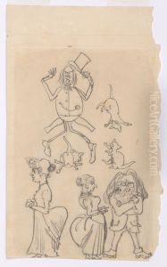 Caricature - A man tilting his top hat, jumping over a cat; humorous sketches of two cats; two women and a man by Jan Matejko