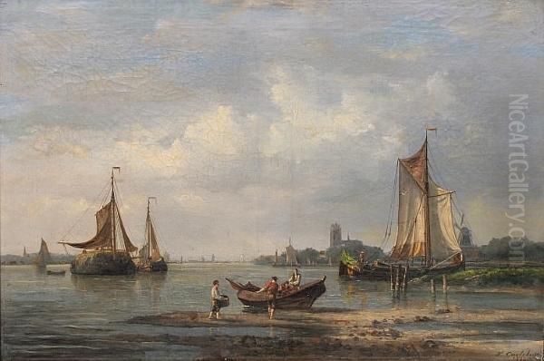 Unloading A Boat, Sailing Barges Nearby 'f. Carlebur 1874' - view 1