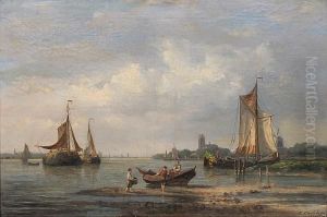 Unloading A Boat, Sailing Barges Nearby 'f. Carlebur 1874'