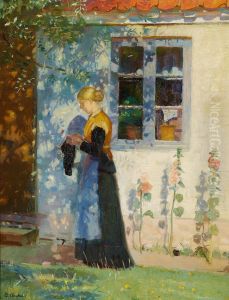 En ung pige med sit strikketoj foran et Skagenshus. by Anna Ancher