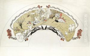 Personnages Troubadour Marivaudant, Decor Japonisant by Charles Emile Carlegle