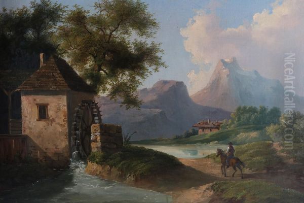 Alpenlandische Seenlandschaft mit Muhle und Reiter - view 1