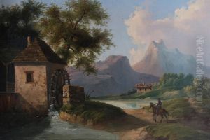 Alpenlandische Seenlandschaft mit Muhle und Reiter by unknown