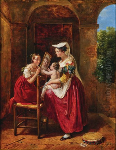 A child looking at herself in a mirror - view 1