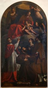 madonn}a col bambino tra i ss. carlo borromeo, francesco, scolastica e lorenzo by Alessandro Turchi