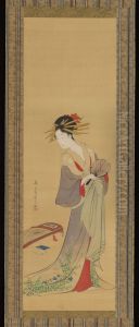 Courtesan with Fan and Koto by Chobunsai Eishi