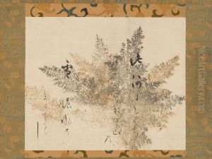 Waka Poem with Printed Gold-and-Silver Underpainting of Cypress Fronds by Honami Koetsu