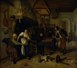 Interior of an inn with an old man amusing himself with the landlady and two men playingbackgammon, known as 'The Double Game'